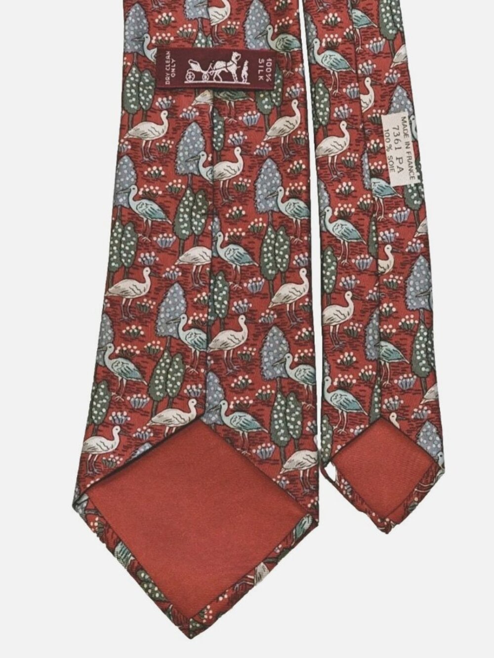 Hermes Men's Tie Silk Red 7631 PA Whimsical Heron Bird Tree/Plants 3.5" x 58.5" - Picture 5 of 8
